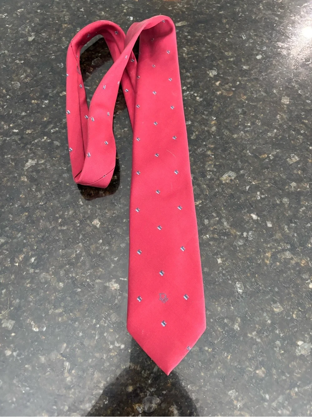 Dior Men's Red Silk Tie with Small Blue Motifs